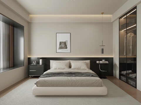 现代极简卧室 黑白灰卧室 双人床 床头柜 衣柜su模型