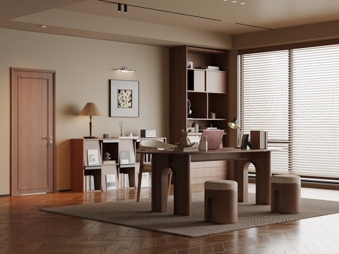 现代中古风书房 书桌椅 书柜 置物柜su模型