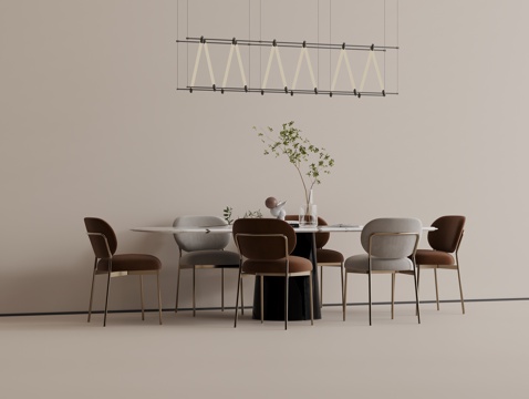 现代餐桌椅组合 大理石圆桌 休闲餐椅 现代吊灯su模型