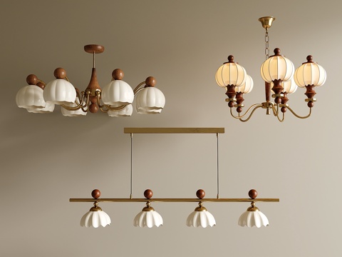 法式复古客厅吊灯 客厅主灯 餐厅吊灯 木质金属吊灯 多头吊灯su模型