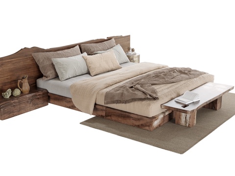 侘寂风双人床 床尾凳 床头柜3d模型