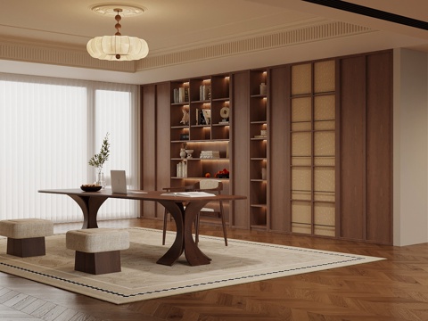 中古风书房 书桌椅 书柜 吊灯su模型