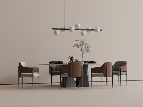 现代餐桌椅组合 大理石圆桌 休闲餐椅 现代吊灯su模型