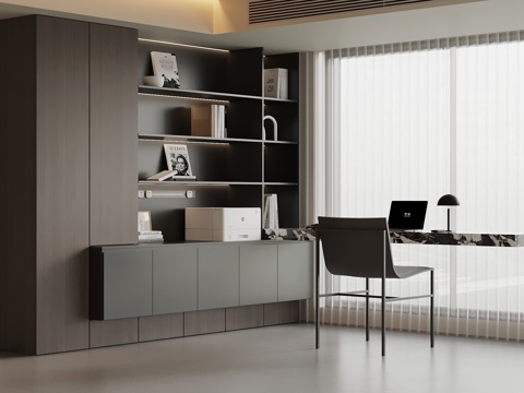 现代意式书房 开放式书房 书柜 置物柜su模型