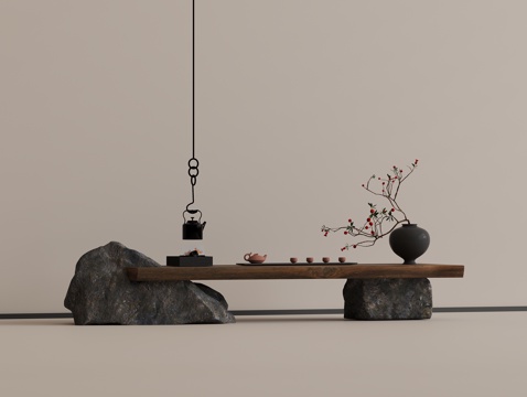 中式茶桌 中古风茶桌 实木茶桌 茶具组合su模型