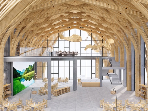 现代文化空间 竹文化展厅 竹桌椅组合su模型