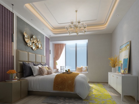 现代简约卧室  双人床 吊灯 床头柜3d模型