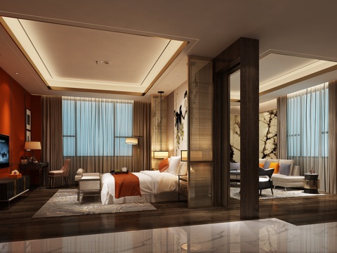 中式卧室 新中式 简约 沙发 茶几 组合 床 双人床3d模型