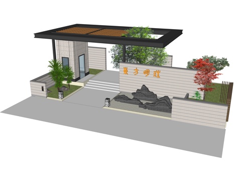 新中式入口大门su模型