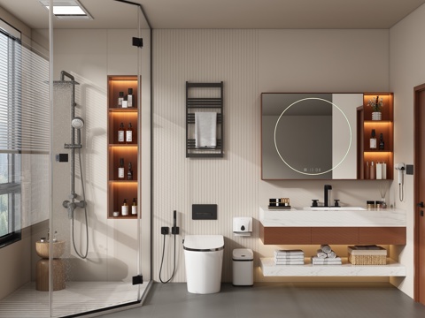 中古风卫生间 浴室柜 马桶 花洒 干湿分离浴室3d模型