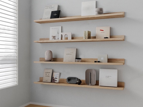 现代书架 层板架 壁挂书架 书籍饰品摆件  置物架su模型