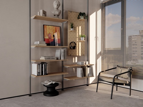 现代置物架 极简书架 椅子 百叶 摆件饰品su模型