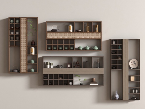 新中式置物架 多宝阁 茶杯 摆件饰品su模型