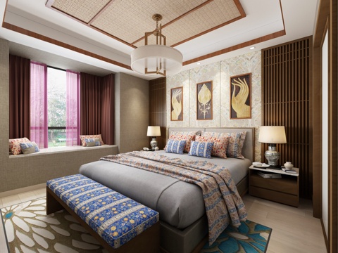  东南亚卧室主人房3d模型 