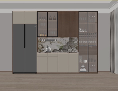 中古风酒柜 餐边柜 玻璃酒柜 半开放柜su模型