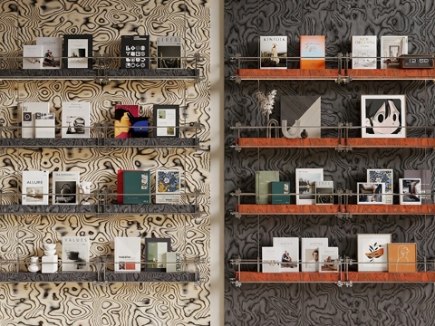 现代中古书架 落地书架 置物架  饰品摆件su模型