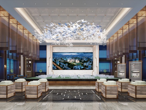  新中式售楼处沙盘区3d模型 