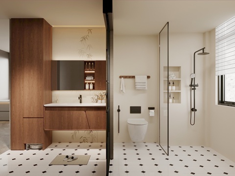  现代中古风卫生间 干湿分离 浴室柜 花洒3d模型 