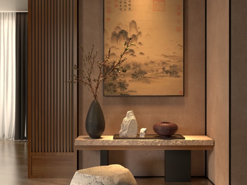  中式玄关 宋式美学 别墅玄关 入户过道 玄关过道 石头造景3d模型 