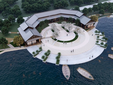  现代滨水景观码头 游客中心 景观廊架su模型 