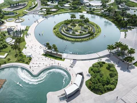  现代简约景观公园 现代公园 简约创意公园 水景公园su模型 