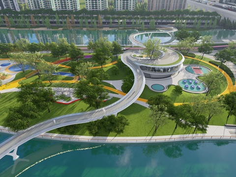  现代简约体育公园 滨水景观公园 体育公园 科普公园su模型 