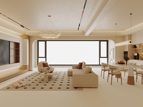 现代奶油风客餐厅 沙发茶几组合3d模型 