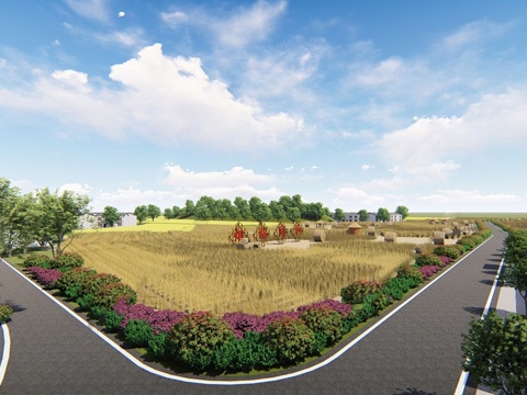  现代稻田公园景观 乡村景观 乡村建筑su模型 