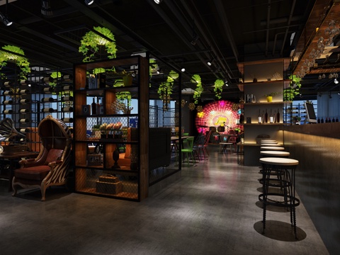  工业复古混搭酒吧 餐桌椅 吧台椅 吊灯3d模型 