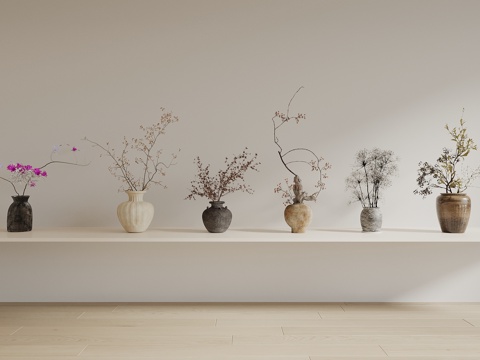  侘寂风花瓶花艺 中古风花卉摆件干枝 插花 花枝3d模型 