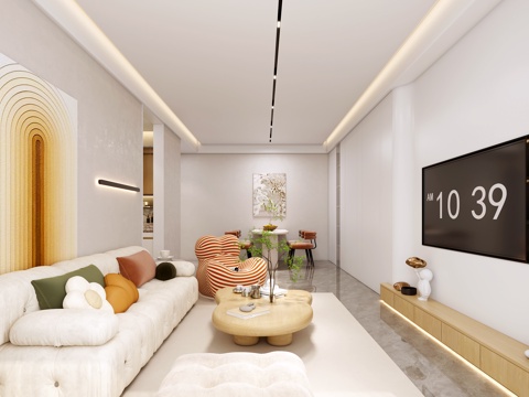  现代奶油风客餐厅3d模型 