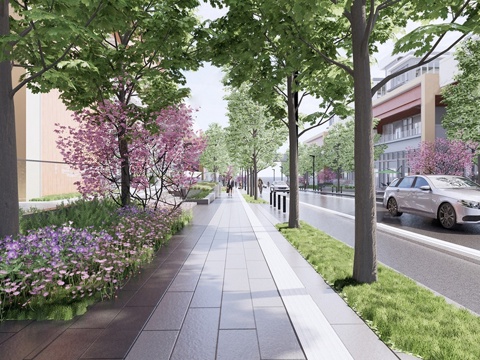  现代人行道景观 市政人行道 休憩节点 人行道马路景观su模型 