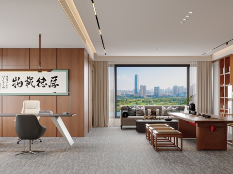  新中式总经理办公室3d模型 