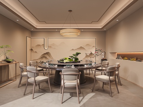  新中式餐厅包间中式餐饮包间复古禅意餐厅3d模型 