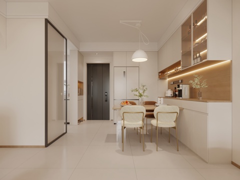  现代奶油风餐厅3d模型 