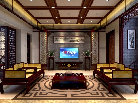 中式别墅客餐厅3d模型 