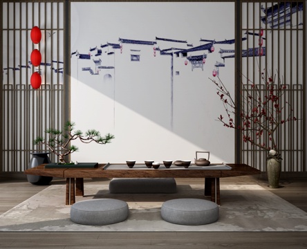  中式风格茶室茶桌3d模型 