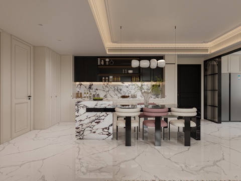  法式轻奢岛台餐厅3d模型 