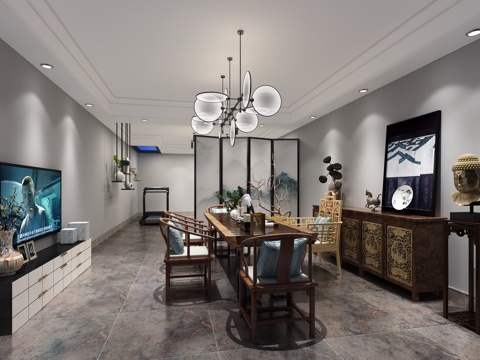  新中式地下室茶室 休闲区3d模型 