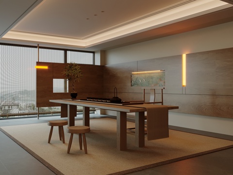  新中式茶室 茶桌椅3d模型 