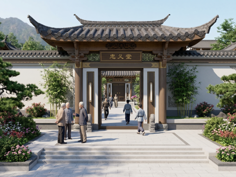  中式 大门 门头门面  中式屋檐su模型 