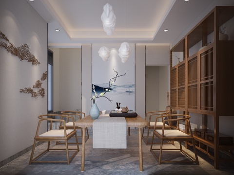  现代中式茶室 柜子 挂画 桌椅 吊灯 画 饰品3d模型 