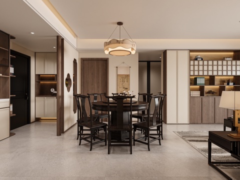  新中式原木圆桌餐厅3d模型 