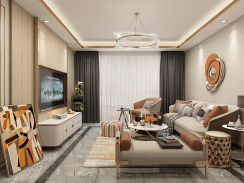  现代客厅 沙发茶几 吊灯 挂画3d模型 