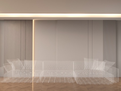  奶油风沙发背景墙 木饰面背景墙灯带 格栅装饰3d模型 