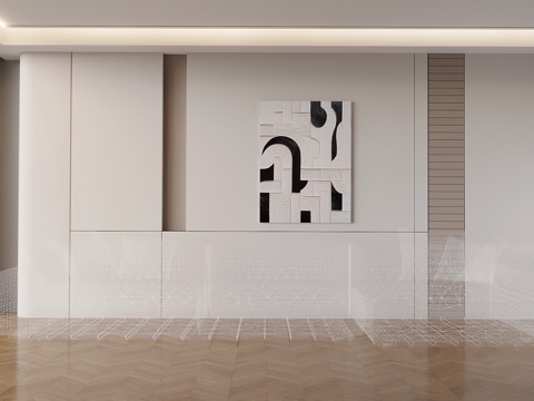  奶油风沙发背景墙 木饰面沙发背景墙 格栅背景装饰画3d模型 