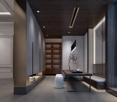  新中式禅意茶室茶台吊灯装饰3d模型 