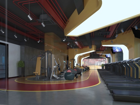  现代健身房 跑步机3d模型 