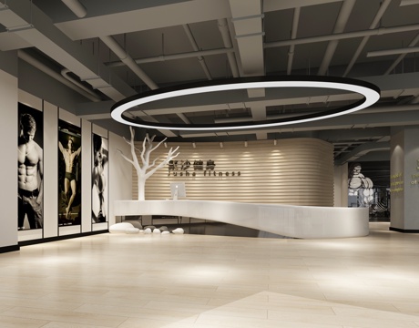  工业风健身房 前台 健身器材 吊灯 装饰画3d模型 