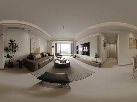  现代客餐厅全景 客厅 餐厅 挂画 吊灯 装饰柜 